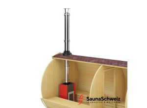 Das Kaminsystem für direkte Dachdurchführung wurde speziell für die einfache Installation von dem Holzsaunaofen in einem Saunafass oder Saunahütte entwickelt. Das Kamin wird nach oben durch das Dach weggeführt.